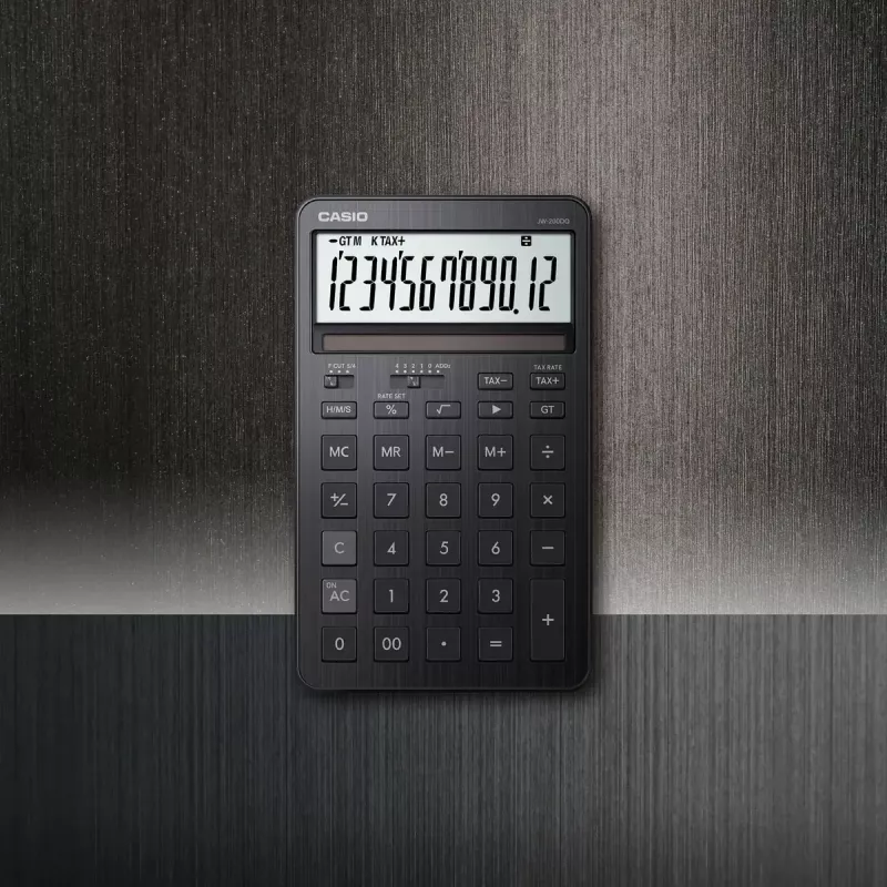 Stalinis skaičiuotuvas CASIO JW-200DQ – Pagrindinis, 12 skaitmenų, mokesčių ir pelno funkcijos, baterija/saulės energija, juodas