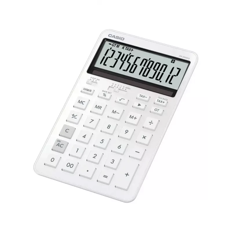 Stalinis skaičiuotuvas CASIO JW-200DQ 12 skaitmenų pagrindinis skaičiuotuvas, baterija/saulės energija, mokesčių ir pelno funkcijos, baltas