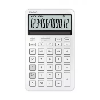 Stalinis skaičiuotuvas CASIO JW-200DQ 12 skaitmenų pagrindinis skaičiuotuvas, baterija/saulės energija, mokesčių ir pelno funkcijos, baltas