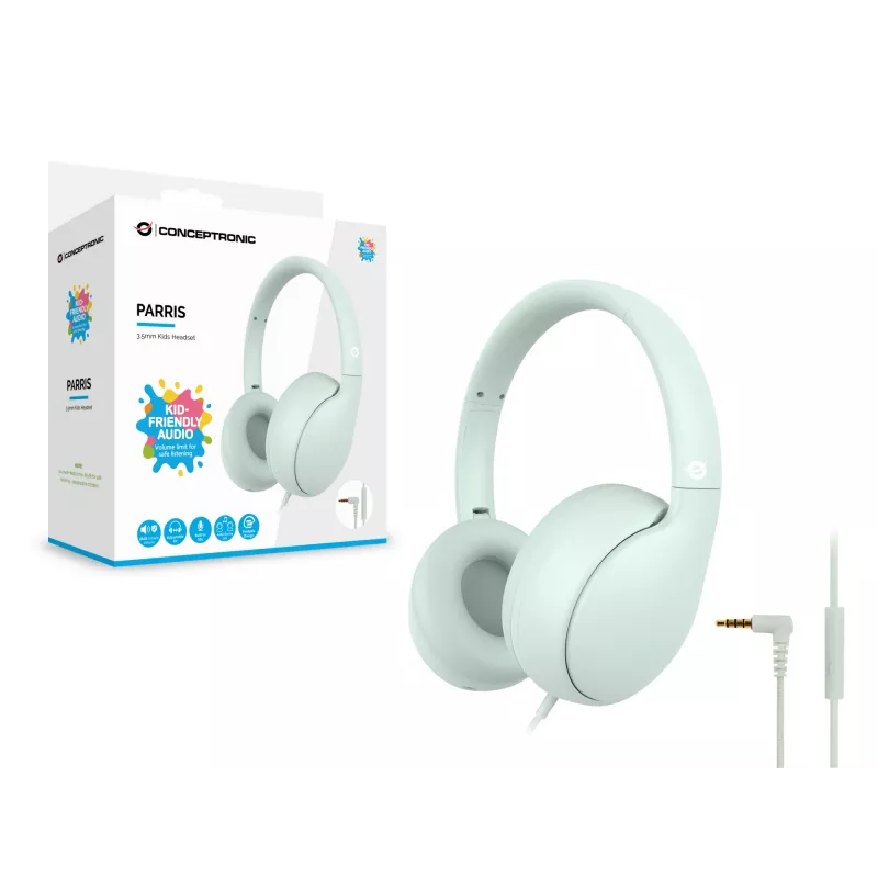 CONCEPTRONIC vaikiškos laidinės ausinės PARRIS04GT — 3,5 mm, apskritos, 20–20000 Hz, 1,6 m kabelis, šviesiai žalios