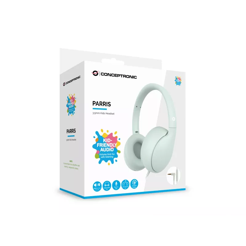 CONCEPTRONIC vaikiškos laidinės ausinės PARRIS04GT — 3,5 mm, apskritos, 20–20000 Hz, 1,6 m kabelis, šviesiai žalios