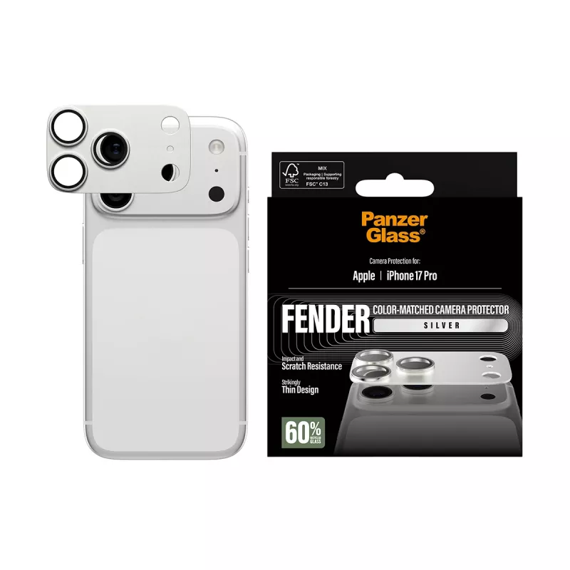Kameros apsauga PanzerGlass Fender, skirta iPhone 17 Pro — sidabrinė, silikoninė, atspari įbrėžimams ir smūgiams