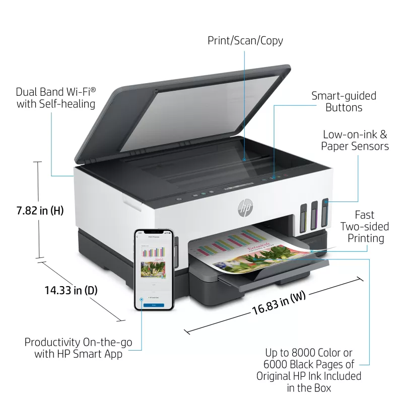 HP Smart Tank spausdintuvas, terminis rašalinis, spalvotas spausdinimas, 4800 x 1200 DPI, A4, tiesioginis spausdinimas, pilka