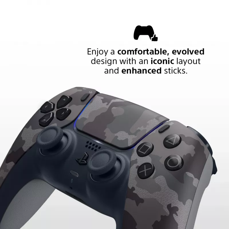 Žaidimų pultelis Sony DualSense v3 Camouflage — Bluetooth/USB, PS5, įmontuota baterija, USB‑C, 160×106×66 mm