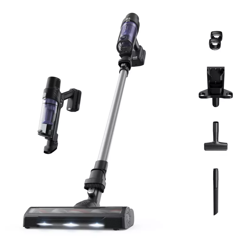 2-in-1 stick vacuum Rowenta RH6A35 — cordless lithium‑ion, 140 W, bagless cyclonic, purple/Sidabrinė, LED brush