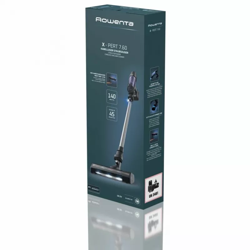 2-in-1 stick vacuum Rowenta RH6A35 — cordless lithium‑ion, 140 W, bagless cyclonic, purple/Sidabrinė, LED brush