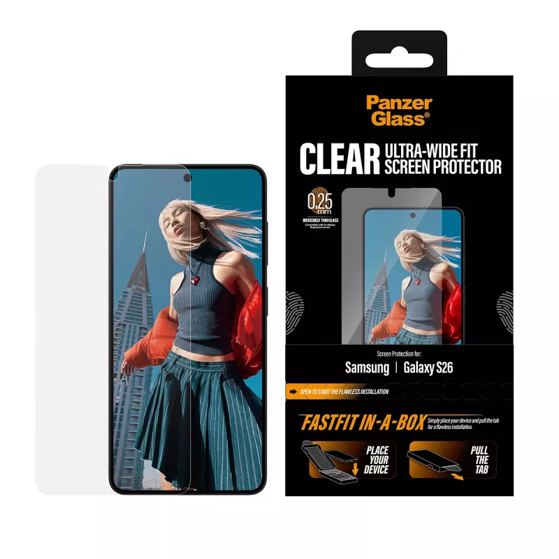 Ekrano apsauginė plėvelė PanzerGlass, skirta Samsung New Galaxy S 2026 — Ultra-Wide Fit, PET+silikonas, FASTFIT