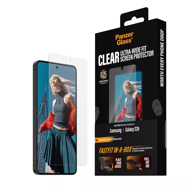 Ekrano apsauginė plėvelė PanzerGlass, skirta Samsung New Galaxy S 2026 — Ultra-Wide Fit, PET+silikonas, FASTFIT
