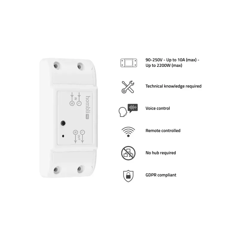 Išmanusis jungiklis Avanca International BV Hombli Smart Switch 2P belaidis 230V (90–250V, 50–60Hz), 39×88×24 mm