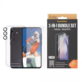 Ekrano apsaugos rinkinys PanzerGlass 3-in-1, skirtas Samsung Galaxy A55 5G — Ultra-Wide Fit, EasyAligner, grūdintas stiklas/PET