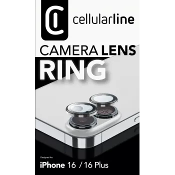 Cellularline kameros objektyvo žiedas - iPhone 16/16 Plus grūdintas stiklas kameros apsaugai