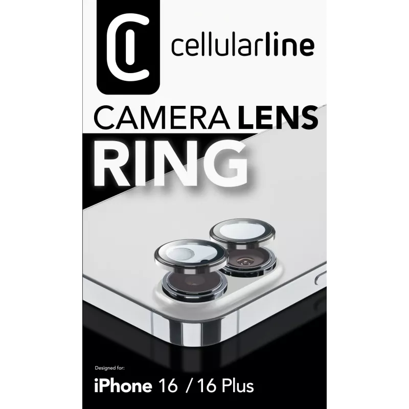 Cellularline kameros objektyvo žiedas - iPhone 16/16 Plus grūdintas stiklas kameros apsaugai