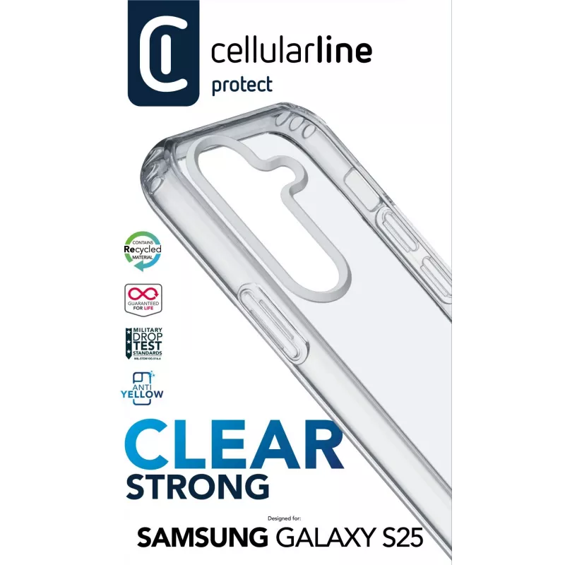 Cellularline Clear Protect - Galaxy S25 kietas dėklas su guminiais kraštais