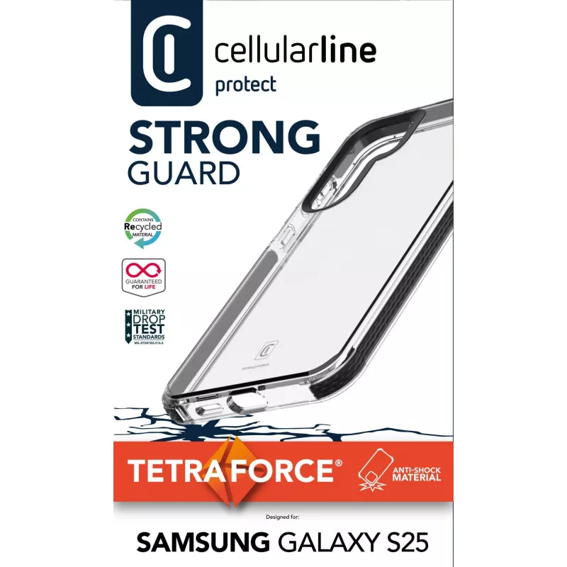 Cellularline Tetra Force Strong Guard - Galaxy S25 Ultra apsauginis, smūgiams atsparus lankstus dėklas su integruota Microban® antibakterine technologija