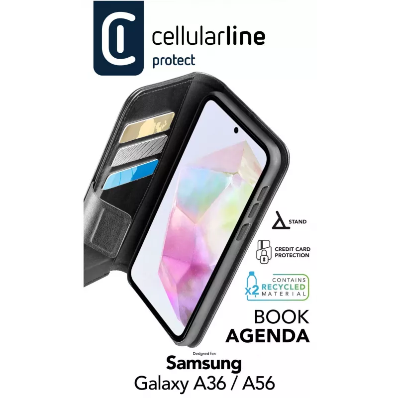 Cellularline Book Agenda - Galaxy A36/A56 Odą primenantis knygos tipo dėklas su magnetiniu užsegimu