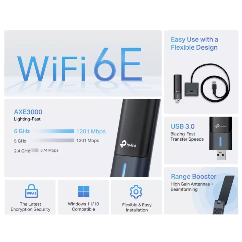 TP-Link Archer AXE3000 Wi-Fi 6E didelio stiprinimo belaidis USB adapteris