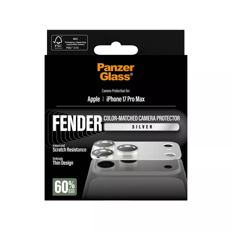 PanzerGlass Fender kameros apsauga, skirta iPhone 17 Pro Max — silikoninė, sidabrinė, atspari įbrėžimams ir smūgiams