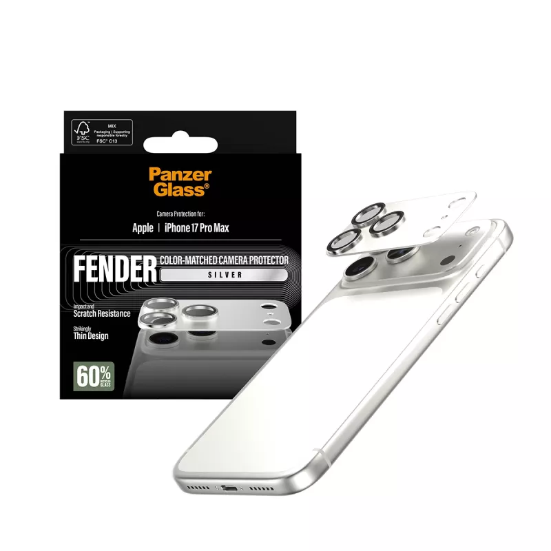 PanzerGlass Fender kameros apsauga, skirta iPhone 17 Pro Max — silikoninė, sidabrinė, atspari įbrėžimams ir smūgiams