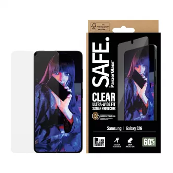 Ekrano apsauga PanzerGlass SAFE by, skirta Samsung New Galaxy S 2026 — itin platus pritaikymas, PET+Silicone, skaidri