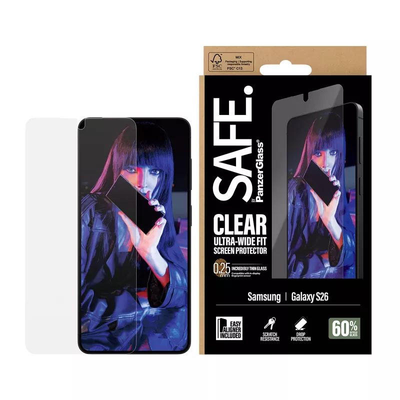 Ekrano apsauga PanzerGlass SAFE by, skirta Samsung New Galaxy S 2026 — itin platus pritaikymas, PET+Silicone, skaidri