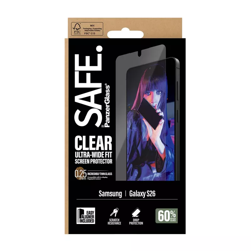 Ekrano apsauga PanzerGlass SAFE by, skirta Samsung New Galaxy S 2026 — itin platus pritaikymas, PET+Silicone, skaidri