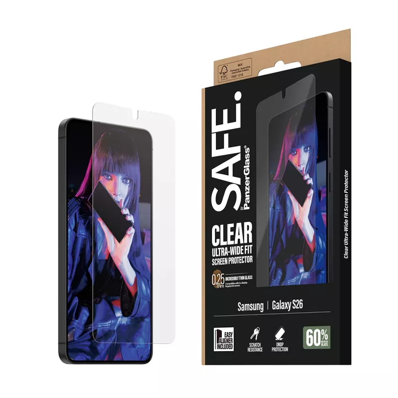 Ekrano apsauga PanzerGlass SAFE by, skirta Samsung New Galaxy S 2026 — itin platus pritaikymas, PET+Silicone, skaidri