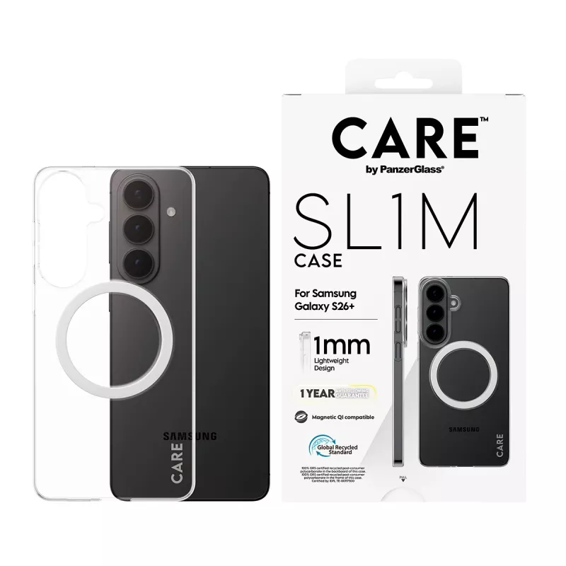 PanzerGlass CARE™ SL1M skaidrus apsauginis dėklas su Qi, skirtas Samsung Galaxy S26+ (6,7 colio)