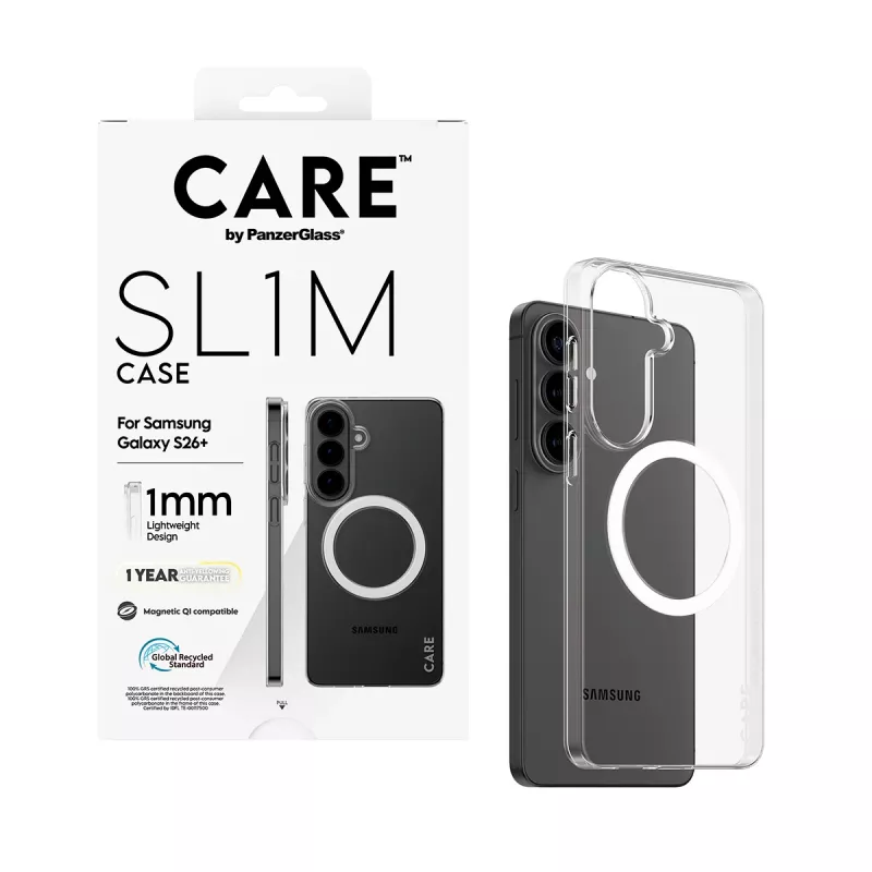 PanzerGlass CARE™ SL1M skaidrus apsauginis dėklas su Qi, skirtas Samsung Galaxy S26+ (6,7 colio)