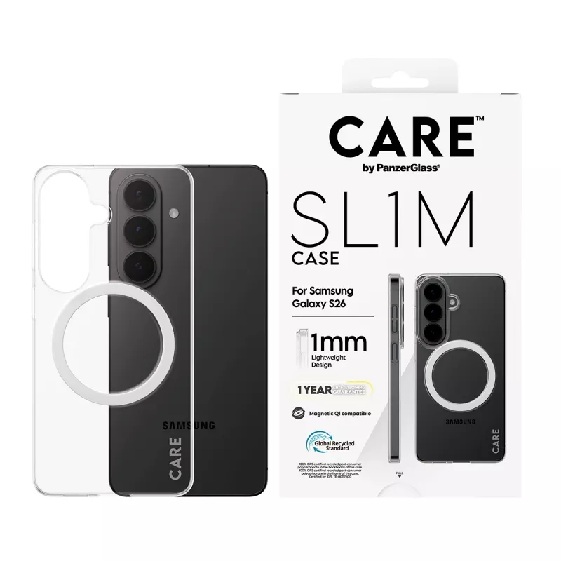 “PanzerGlass CARE™ SL1M” permatomas dėklas su Qi, skirtas “Samsung Galaxy S26”, tinka iki 16 cm (6,3 col.) ekranui