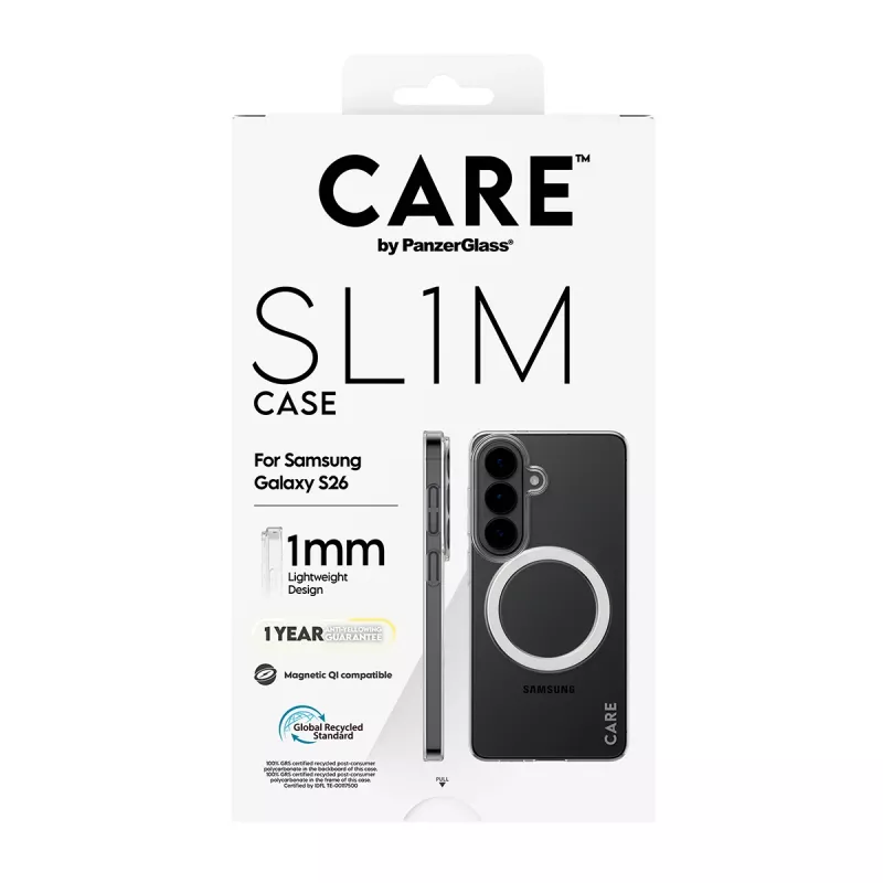 “PanzerGlass CARE™ SL1M” permatomas dėklas su Qi, skirtas “Samsung Galaxy S26”, tinka iki 16 cm (6,3 col.) ekranui