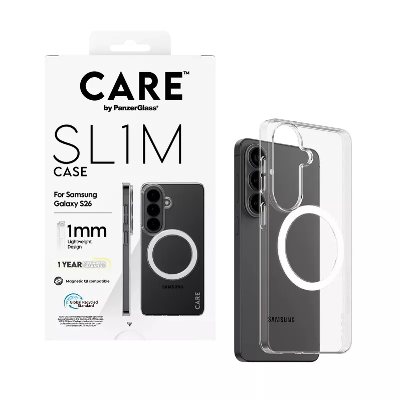“PanzerGlass CARE™ SL1M” permatomas dėklas su Qi, skirtas “Samsung Galaxy S26”, tinka iki 16 cm (6,3 col.) ekranui