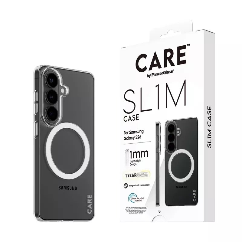 “PanzerGlass CARE™ SL1M” permatomas dėklas su Qi, skirtas “Samsung Galaxy S26”, tinka iki 16 cm (6,3 col.) ekranui