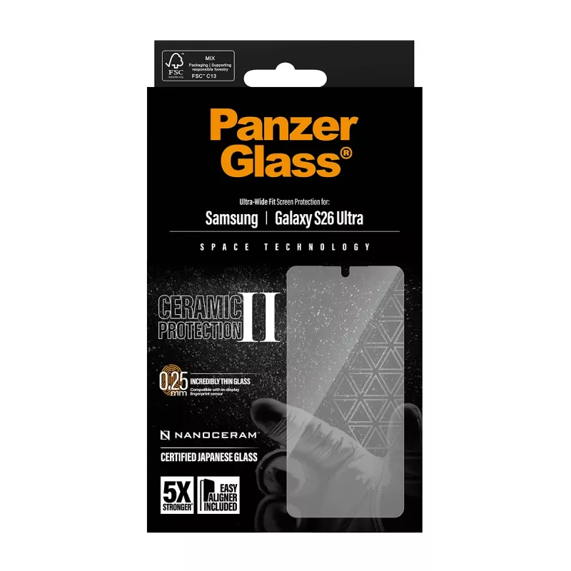 Ekrano apsauga PanzerGlass Ceramic Samsung Galaxy S26 Ultra — grūdintas stiklas, Ultra-Wide Fit, EasyAligner, skaidri