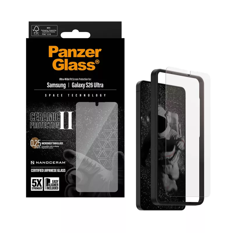 Ekrano apsauga PanzerGlass Ceramic Samsung Galaxy S26 Ultra — grūdintas stiklas, Ultra-Wide Fit, EasyAligner, skaidri