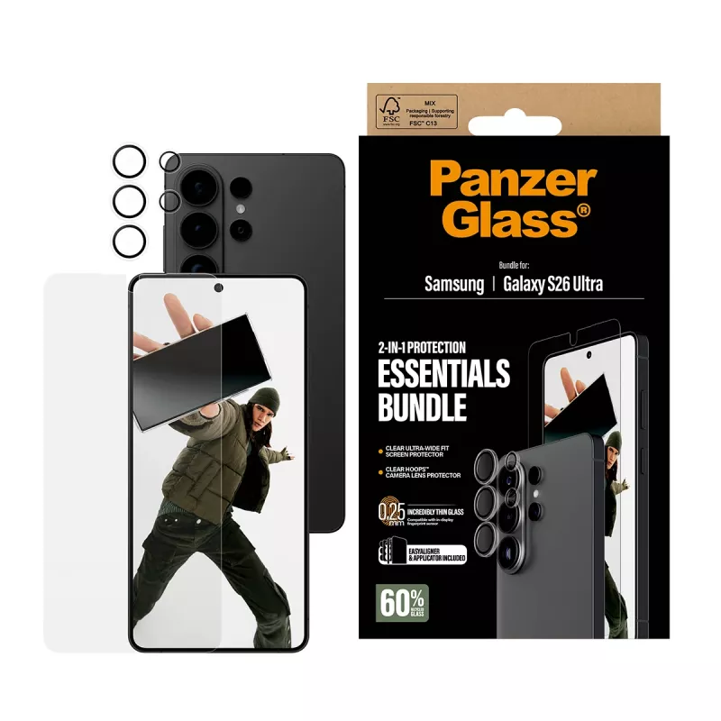 Ekrano apsauginės plėvelės rinkinys PanzerGlass Hoops 2-in-1, skirtas Samsung Galaxy S26 Ultra — grūdintas stiklas + PET, skaidrus, itin platus pritaikymas