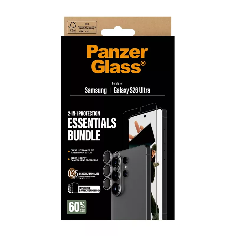 Ekrano apsauginės plėvelės rinkinys PanzerGlass Hoops 2-in-1, skirtas Samsung Galaxy S26 Ultra — grūdintas stiklas + PET, skaidrus, itin platus pritaikymas