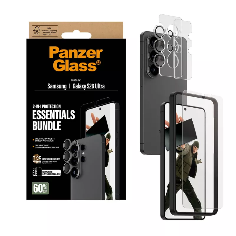 Ekrano apsauginės plėvelės rinkinys PanzerGlass Hoops 2-in-1, skirtas Samsung Galaxy S26 Ultra — grūdintas stiklas + PET, skaidrus, itin platus pritaikymas