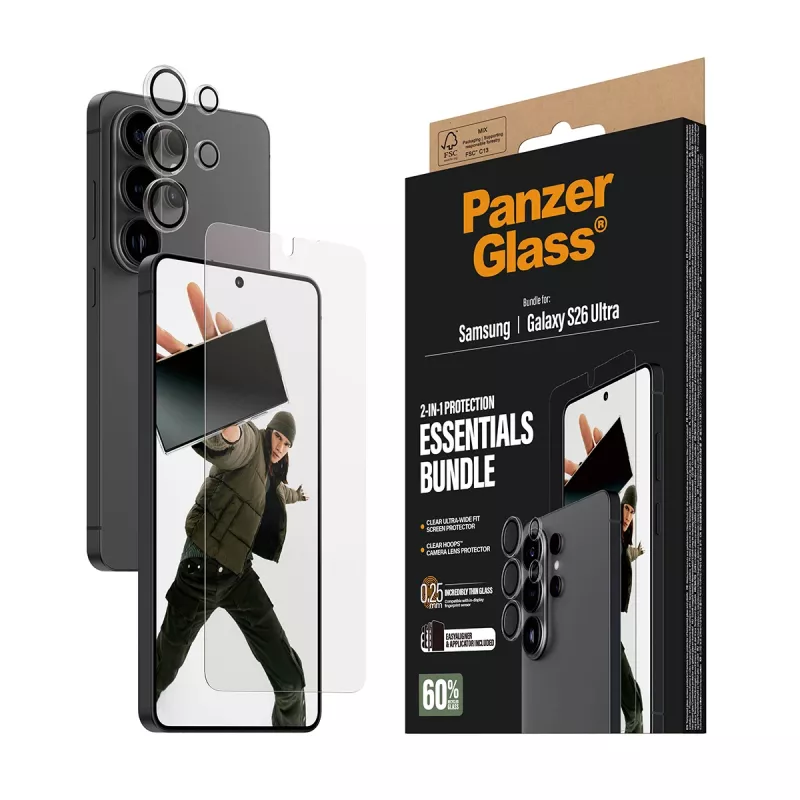 Ekrano apsauginės plėvelės rinkinys PanzerGlass Hoops 2-in-1, skirtas Samsung Galaxy S26 Ultra — grūdintas stiklas + PET, skaidrus, itin platus pritaikymas
