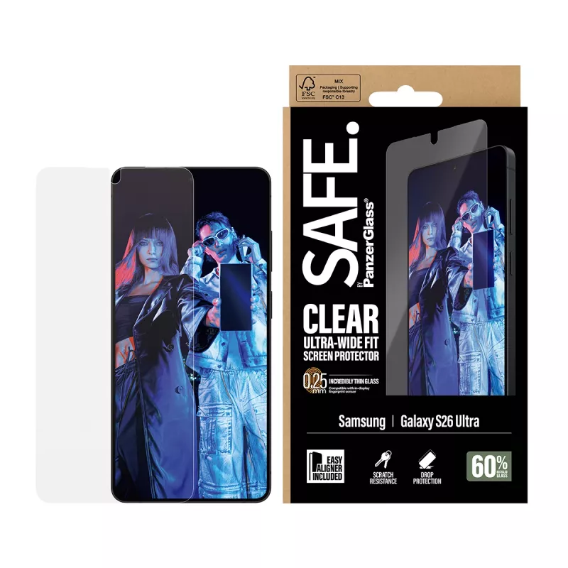 Ekrano apsauga PanzerGlass SAFE, skirta Samsung New Galaxy S 2026 Ultra – itin plati apsauga, PET + silikonas, EasyAligner, skaidri