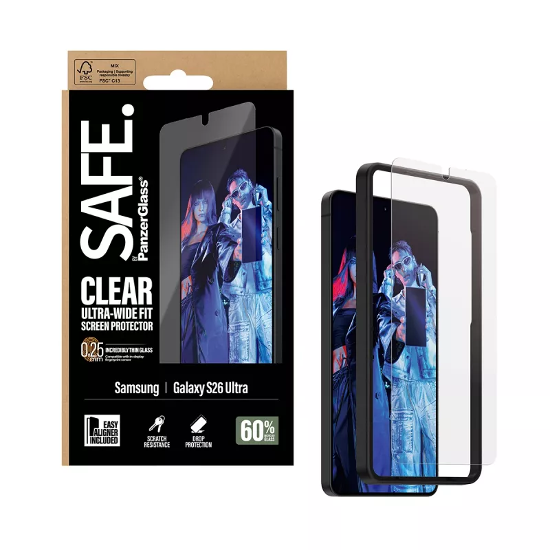 Ekrano apsauga PanzerGlass SAFE, skirta Samsung New Galaxy S 2026 Ultra – itin plati apsauga, PET + silikonas, EasyAligner, skaidri