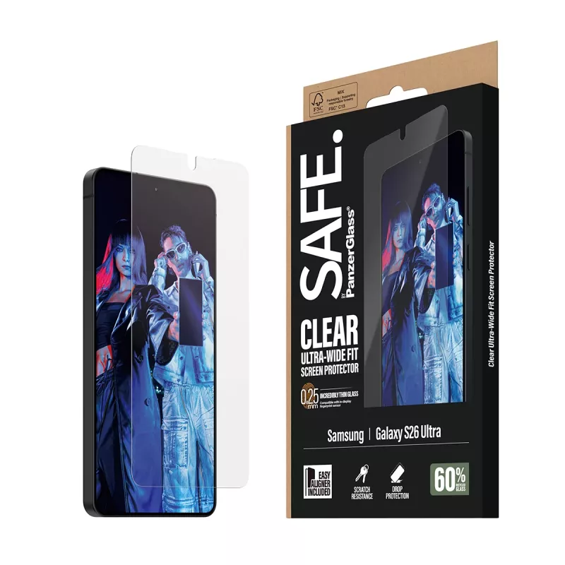 Ekrano apsauga PanzerGlass SAFE, skirta Samsung New Galaxy S 2026 Ultra – itin plati apsauga, PET + silikonas, EasyAligner, skaidri