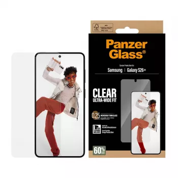 Grūdinto stiklo ekrano apsauga PanzerGlass, skirta Samsung Galaxy S26+ — U-Wide Fit su EasyAligner