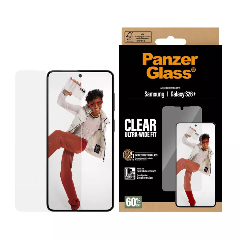 Grūdinto stiklo ekrano apsauga PanzerGlass, skirta Samsung Galaxy S26+ — U-Wide Fit su EasyAligner