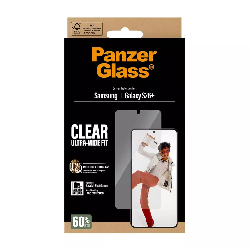 Grūdinto stiklo ekrano apsauga PanzerGlass, skirta Samsung Galaxy S26+ — U-Wide Fit su EasyAligner