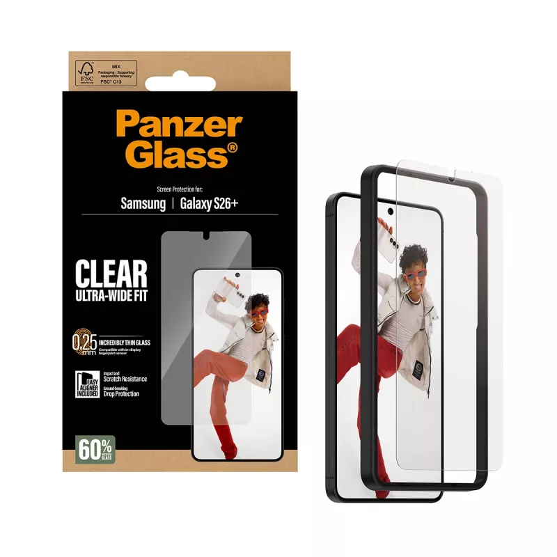 Grūdinto stiklo ekrano apsauga PanzerGlass, skirta Samsung Galaxy S26+ — U-Wide Fit su EasyAligner