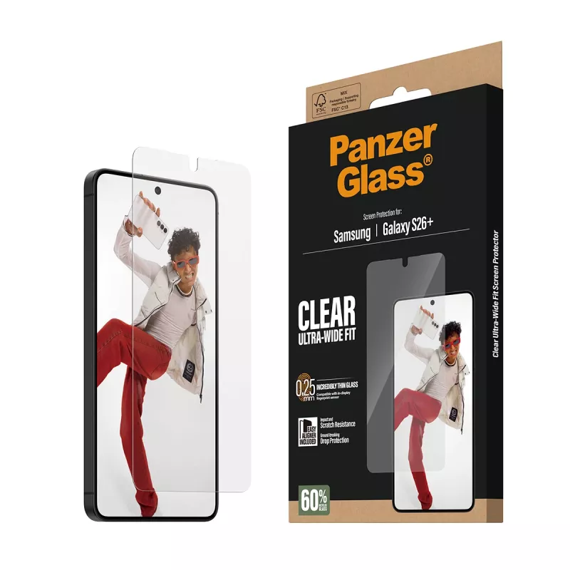 Grūdinto stiklo ekrano apsauga PanzerGlass, skirta Samsung Galaxy S26+ — U-Wide Fit su EasyAligner