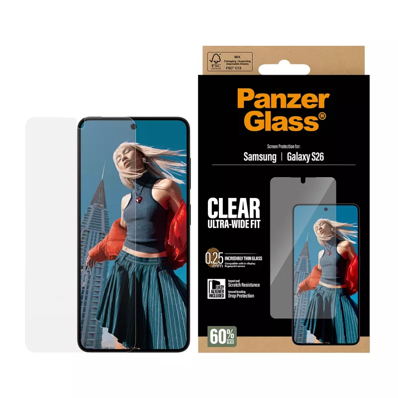 Skaidri ekrano apsauga PanzerGlass, skirta Samsung Galaxy S26 – itin plati pritaikymo sritis, PET + silikonas, sausas uždėjimas
