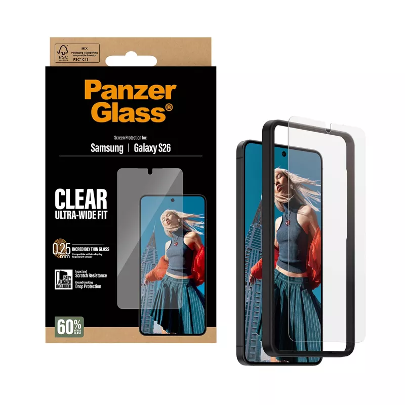 Skaidri ekrano apsauga PanzerGlass, skirta Samsung Galaxy S26 – itin plati pritaikymo sritis, PET + silikonas, sausas uždėjimas