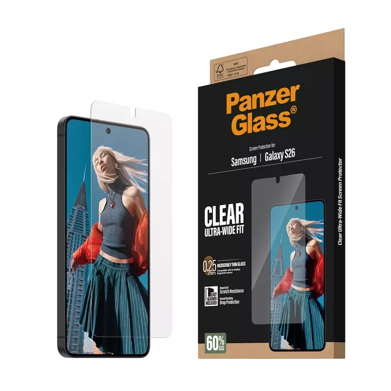 Skaidri ekrano apsauga PanzerGlass, skirta Samsung Galaxy S26 – itin plati pritaikymo sritis, PET + silikonas, sausas uždėjimas