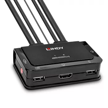 Lindy 2 prievadų HDMI 4K60, USB 2.0 ir garso kabelinis KVM jungiklis, 4096 x 2160 pikselių, 4K Ultra HD, montavimas į stovą, juodas